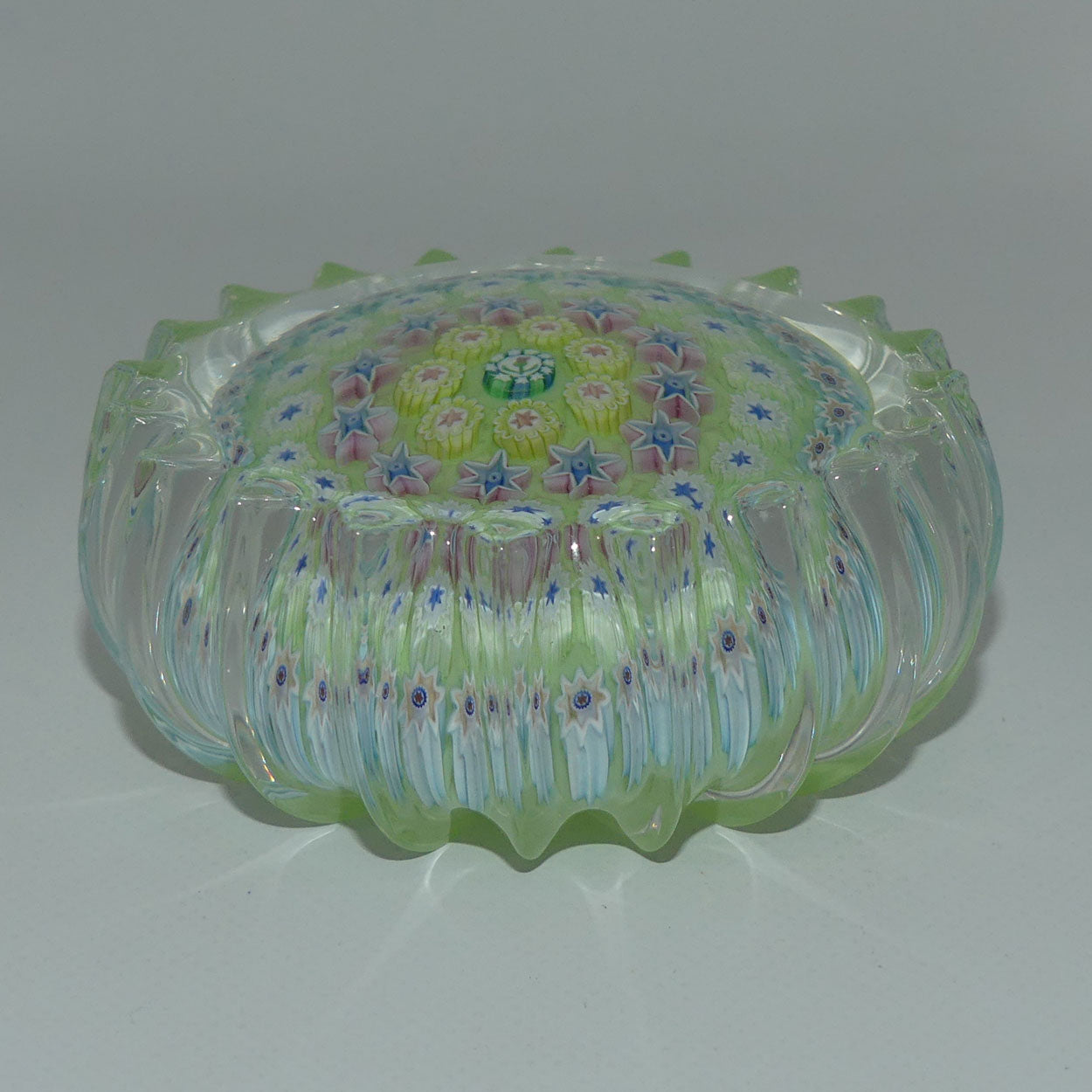 john-deacons-scotland-millefiori-concentric-ribbed-paperweight-tea-green
