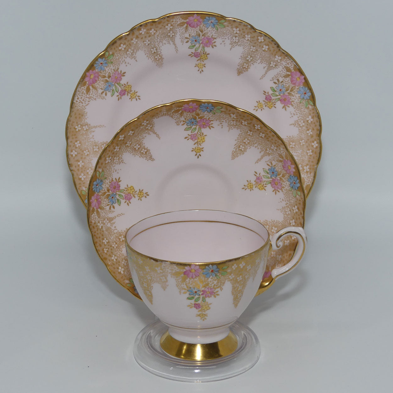 Tuscan Fine English Bone China Pretty Pink Floral and Heavy Gilt trio