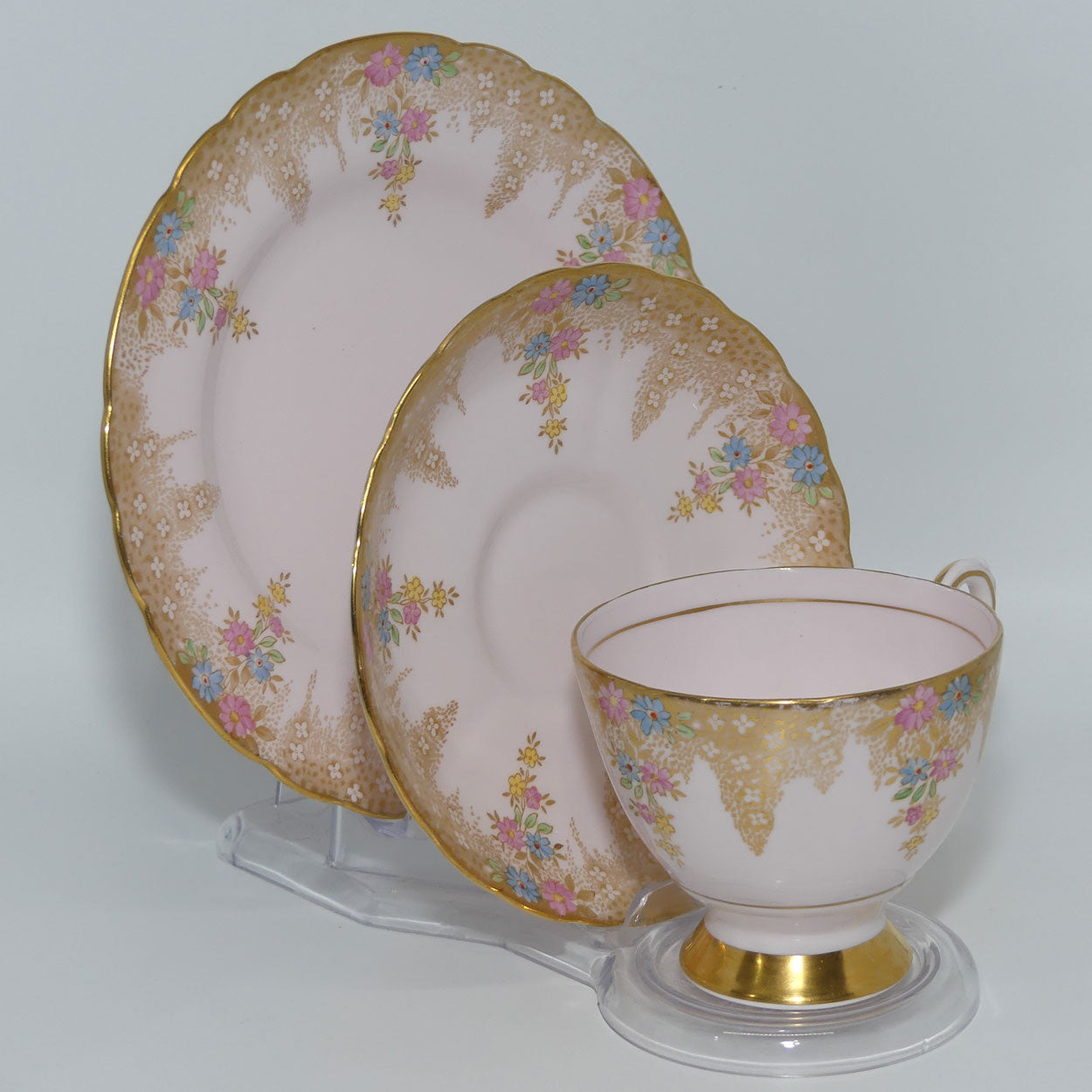 Tuscan Fine English Bone China Pretty Pink Floral and Heavy Gilt trio
