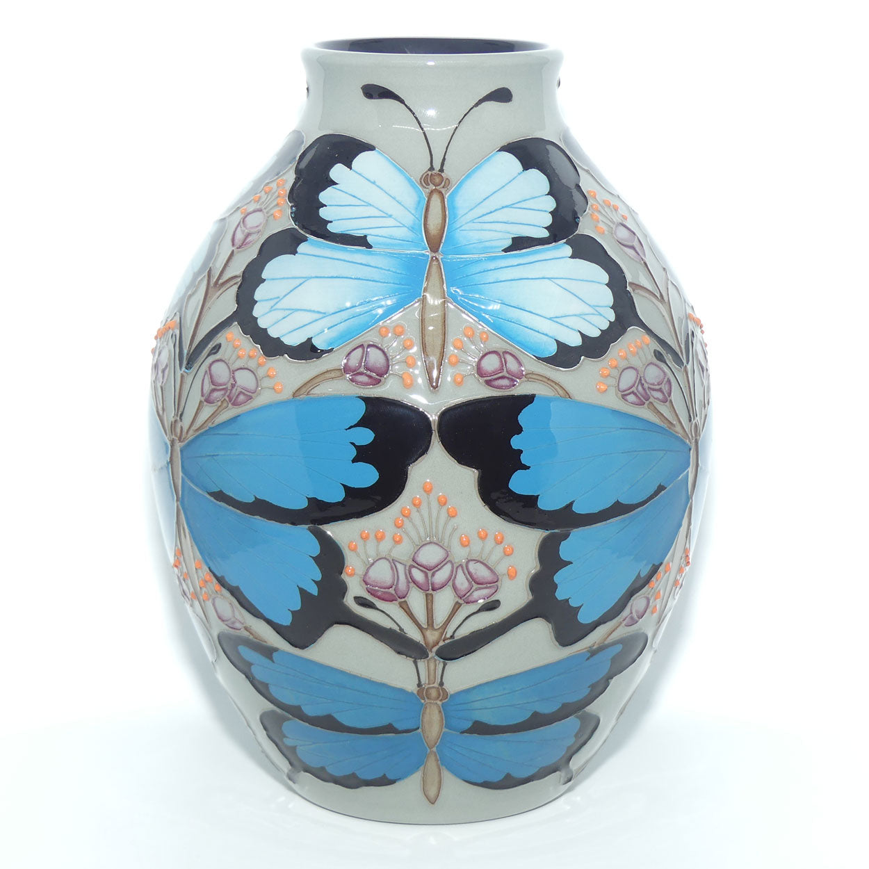 Moorcroft Australian Ulysses Butterfly on Grey 3/8 vase Trial