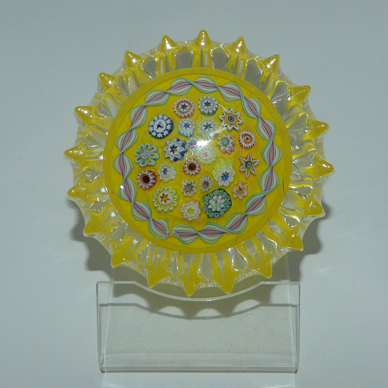 john-deacons-scotland-millefiori-closepack-and-torsade-ribbed-paperweight-yellow