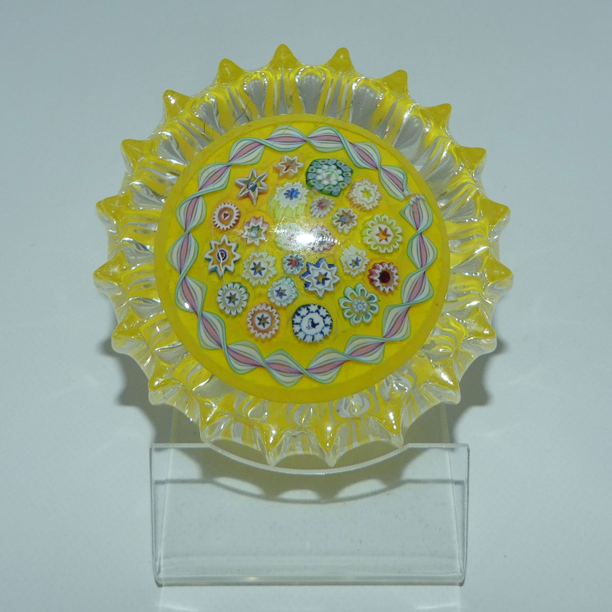 john-deacons-scotland-millefiori-closepack-and-torsade-ribbed-paperweight-yellow