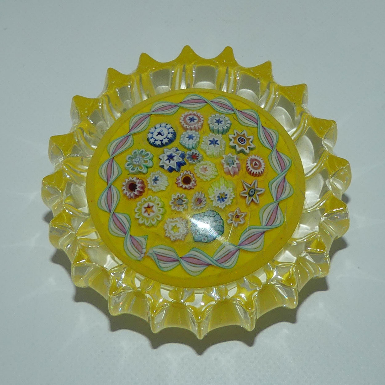 john-deacons-scotland-millefiori-closepack-and-torsade-ribbed-paperweight-yellow