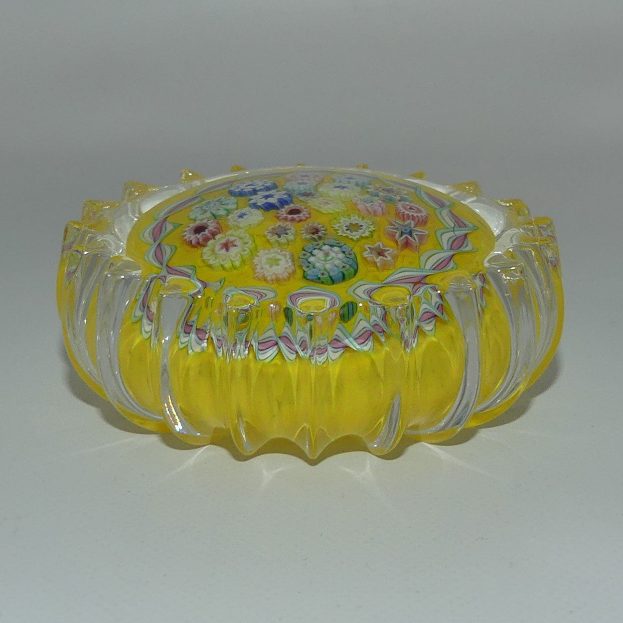 john-deacons-scotland-millefiori-closepack-and-torsade-ribbed-paperweight-yellow