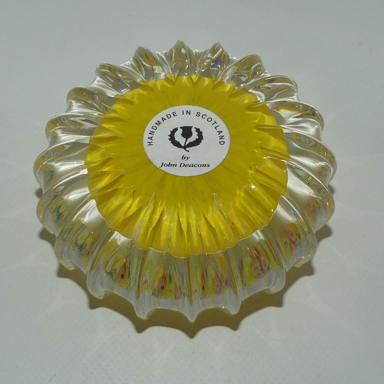john-deacons-scotland-millefiori-closepack-and-torsade-ribbed-paperweight-yellow