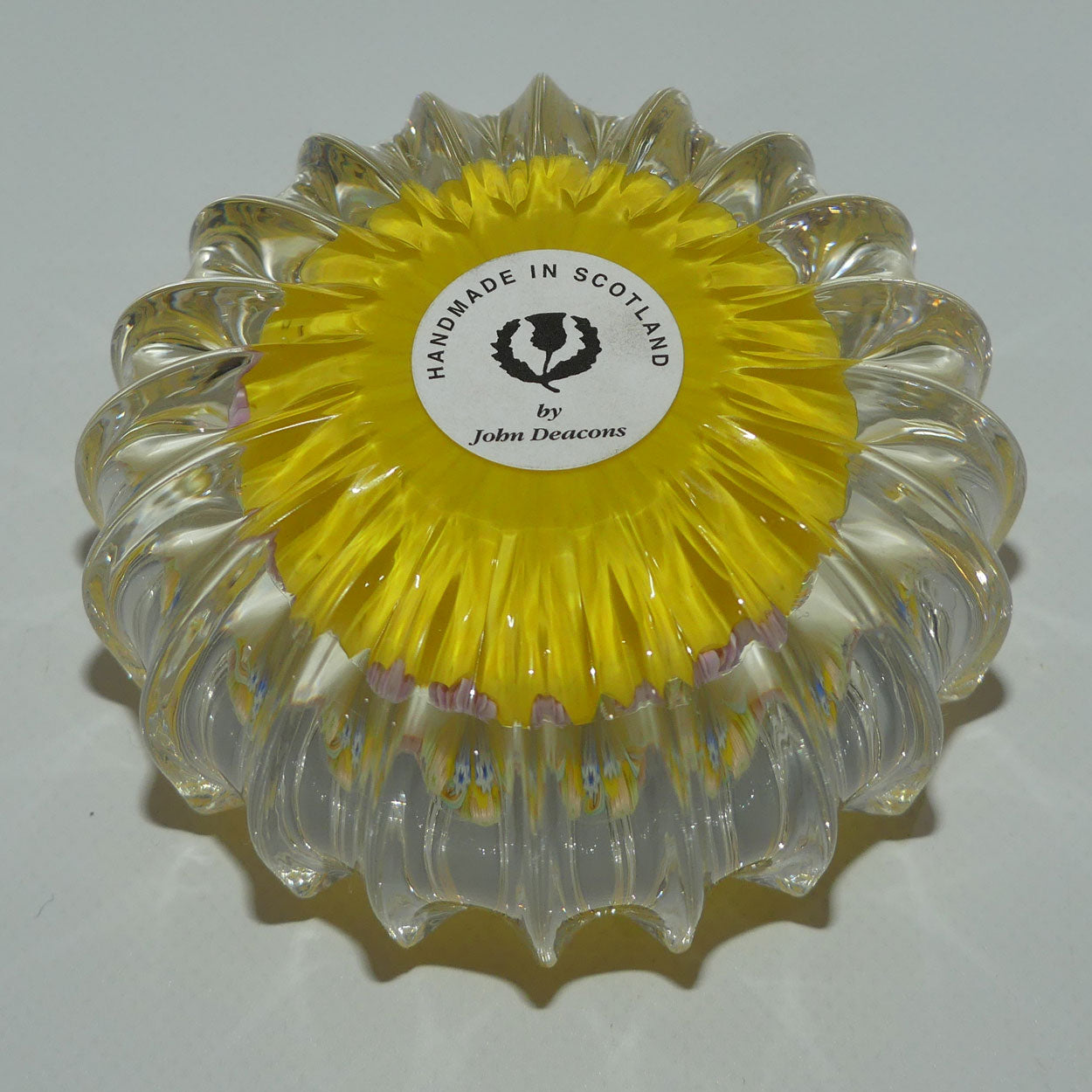 john-deacons-scotland-millefiori-8-spoke-ribbed-paperweight-yellow