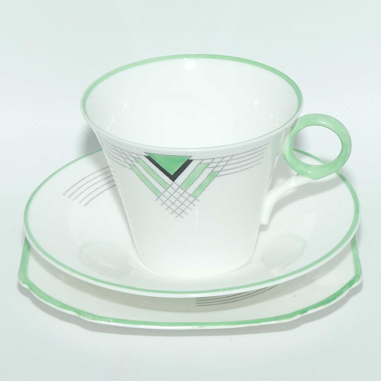Shelley Regent shape Triangles and Lines pattern trio | Green trim | WS 0160/9 Ideal | Square plate
