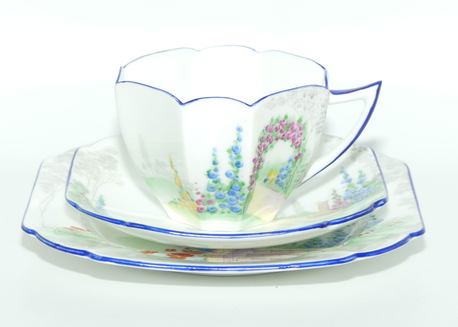 Shelley Queen Anne shape trio | Archway of Roses | Blue Trim | 11606