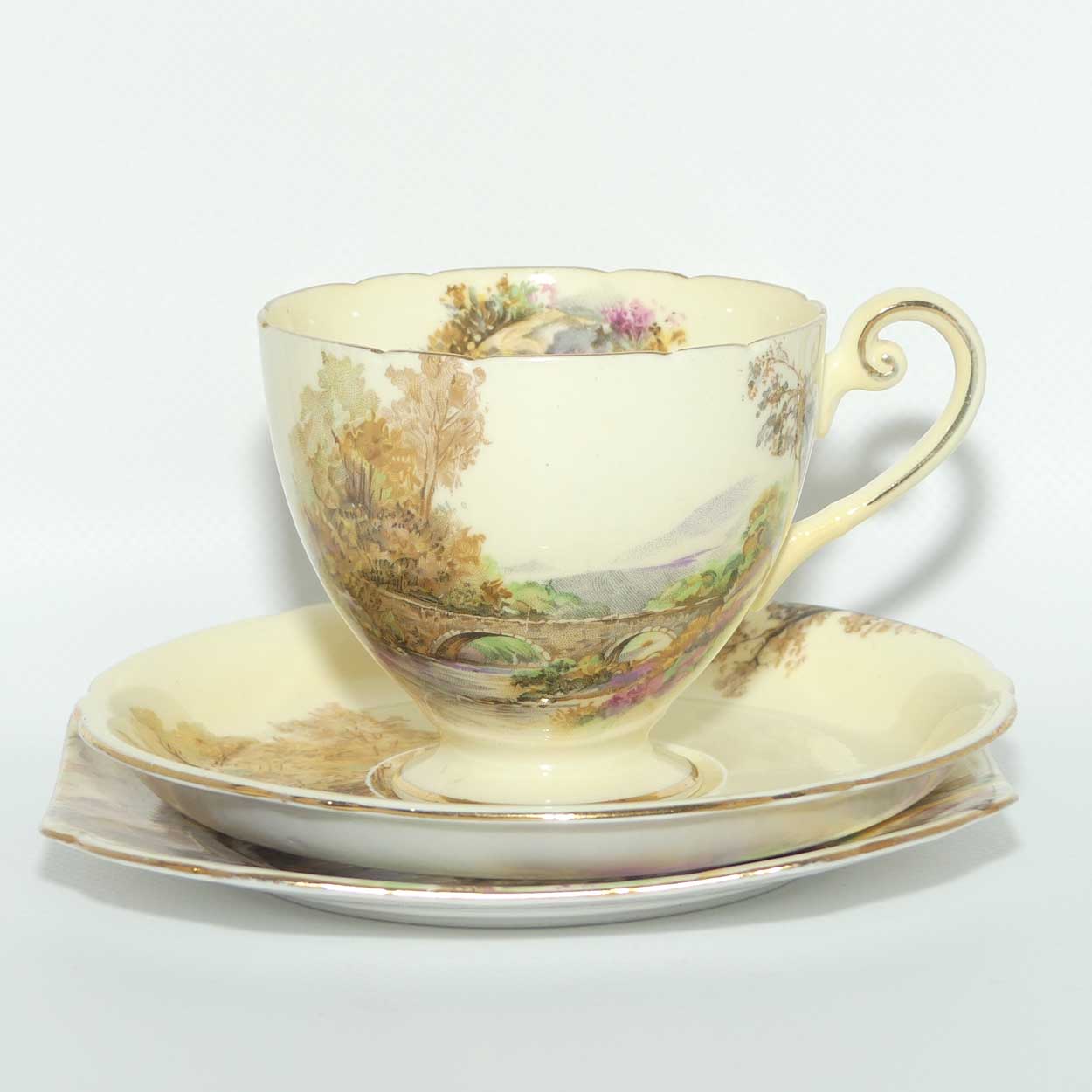 Shelley Ripon shape Heather pattern trio | Cream body | Square Plate | 12977