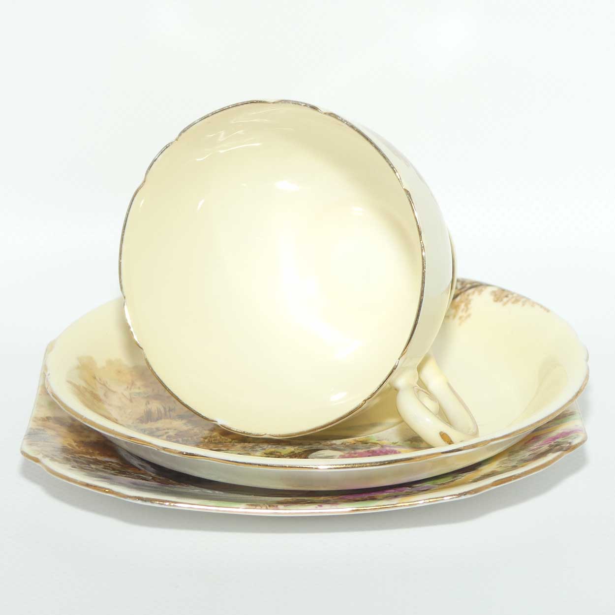 Shelley Ripon shape Heather pattern trio | Cream body | Square Plate | 12977