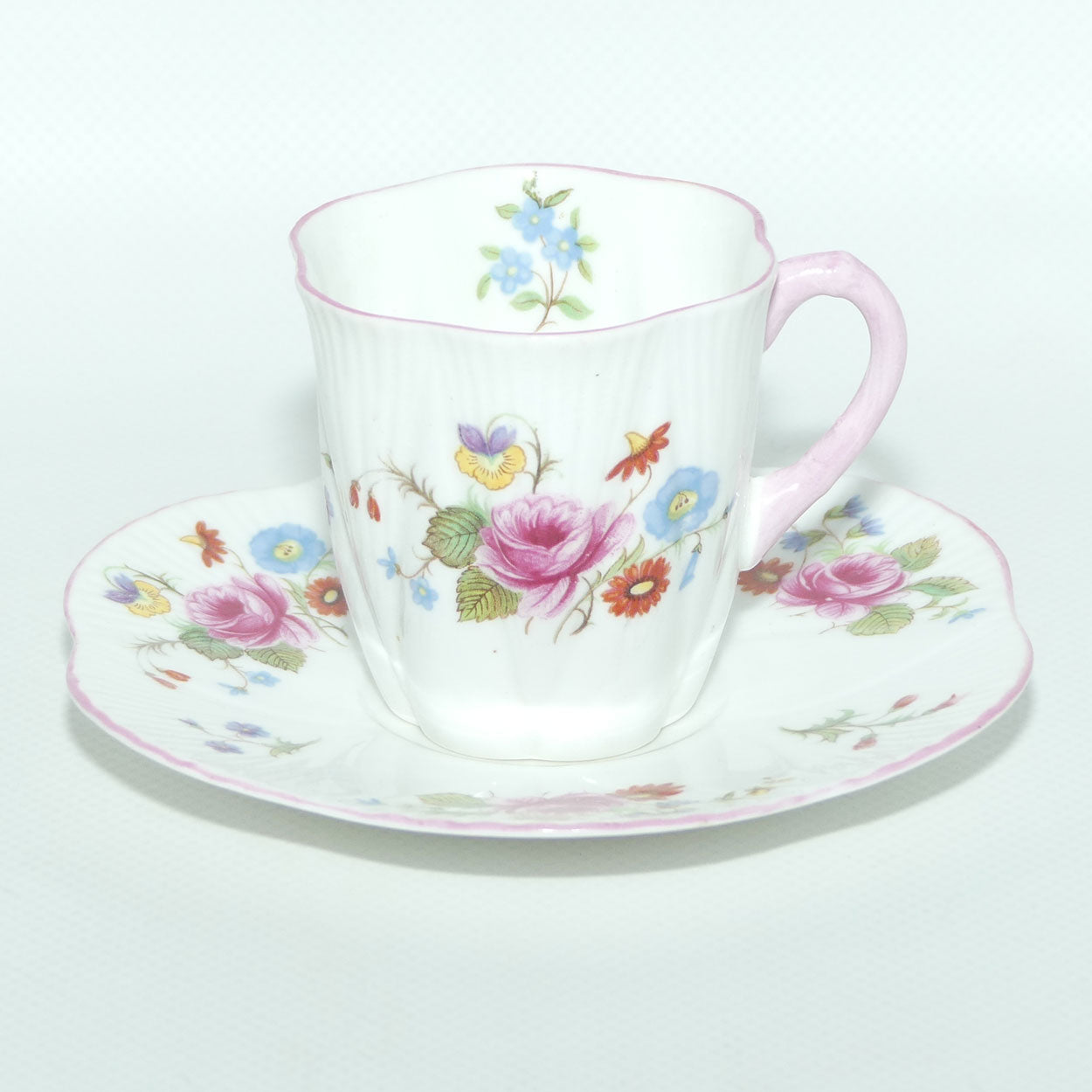 Shelley Dainty shape Rose and Red Daisy coffee duo | Pink trim | 13425