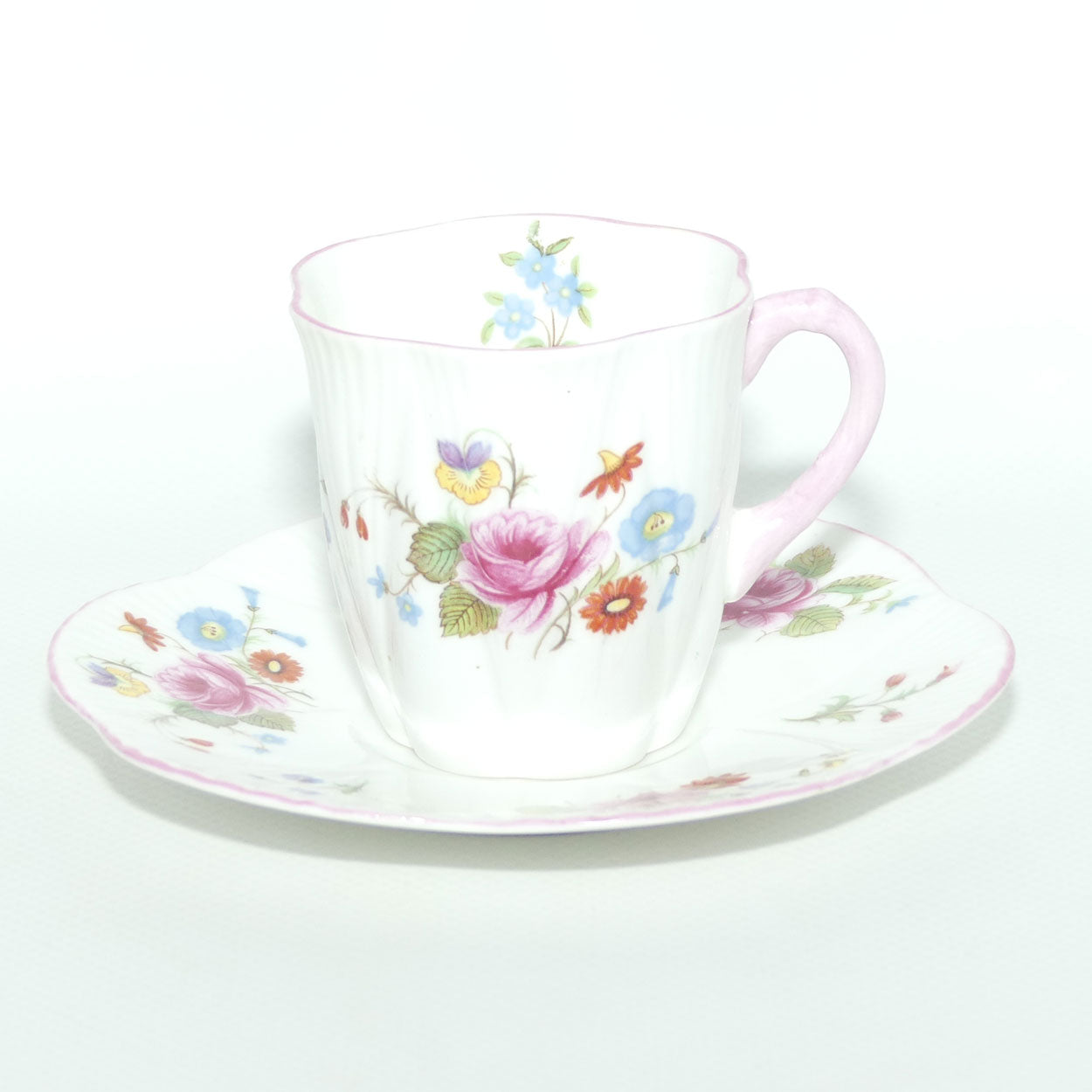 Shelley Dainty shape Rose and Red Daisy coffee duo | Pink trim | 13425