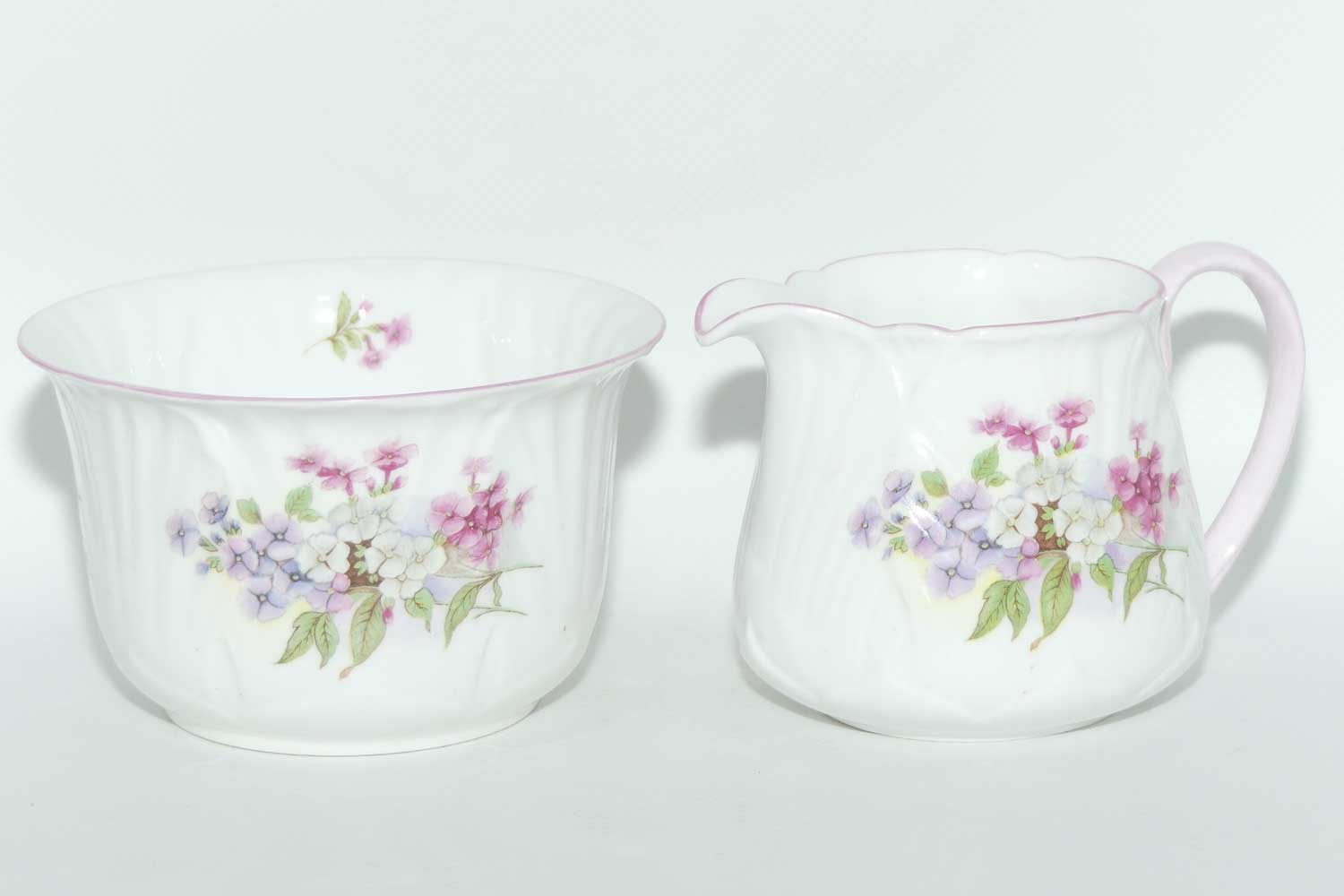 Shelley Oleander shape Stocks milk jug and sugar bowl | 13428 | Pink trim
