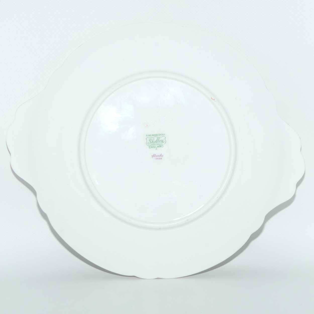 Shelley Oleander shape Stocks tab handle cake plate | 13428 | Pink trim