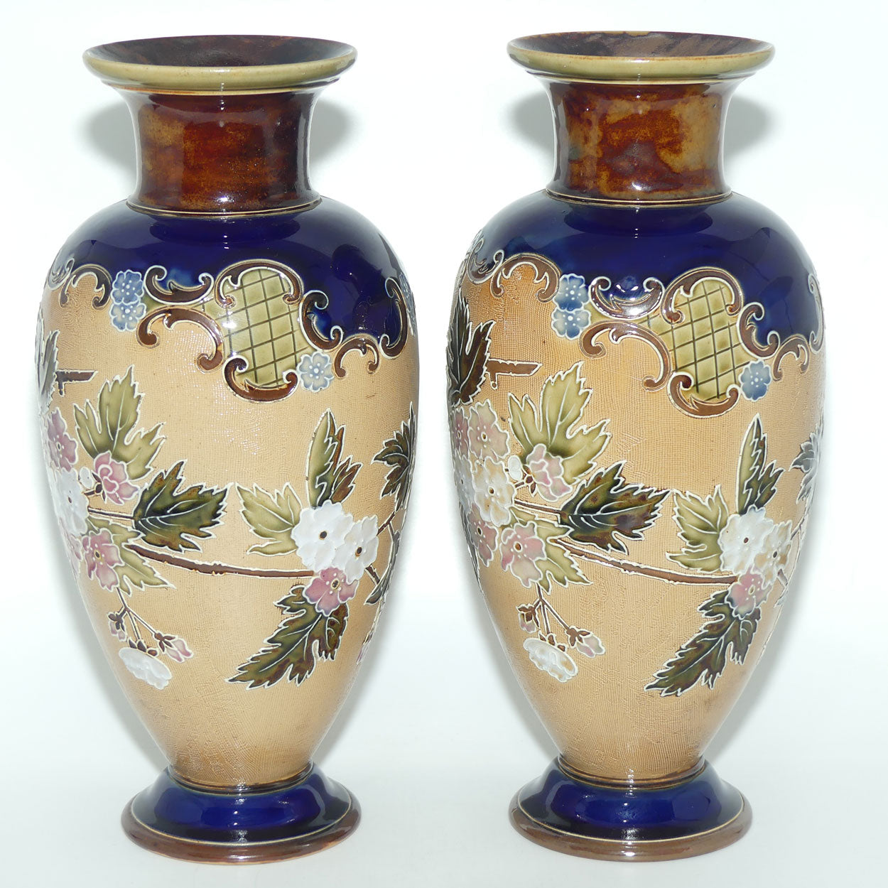 Doulton Slaters pair of stoneware foliage and flowers vases | stamped 1411
