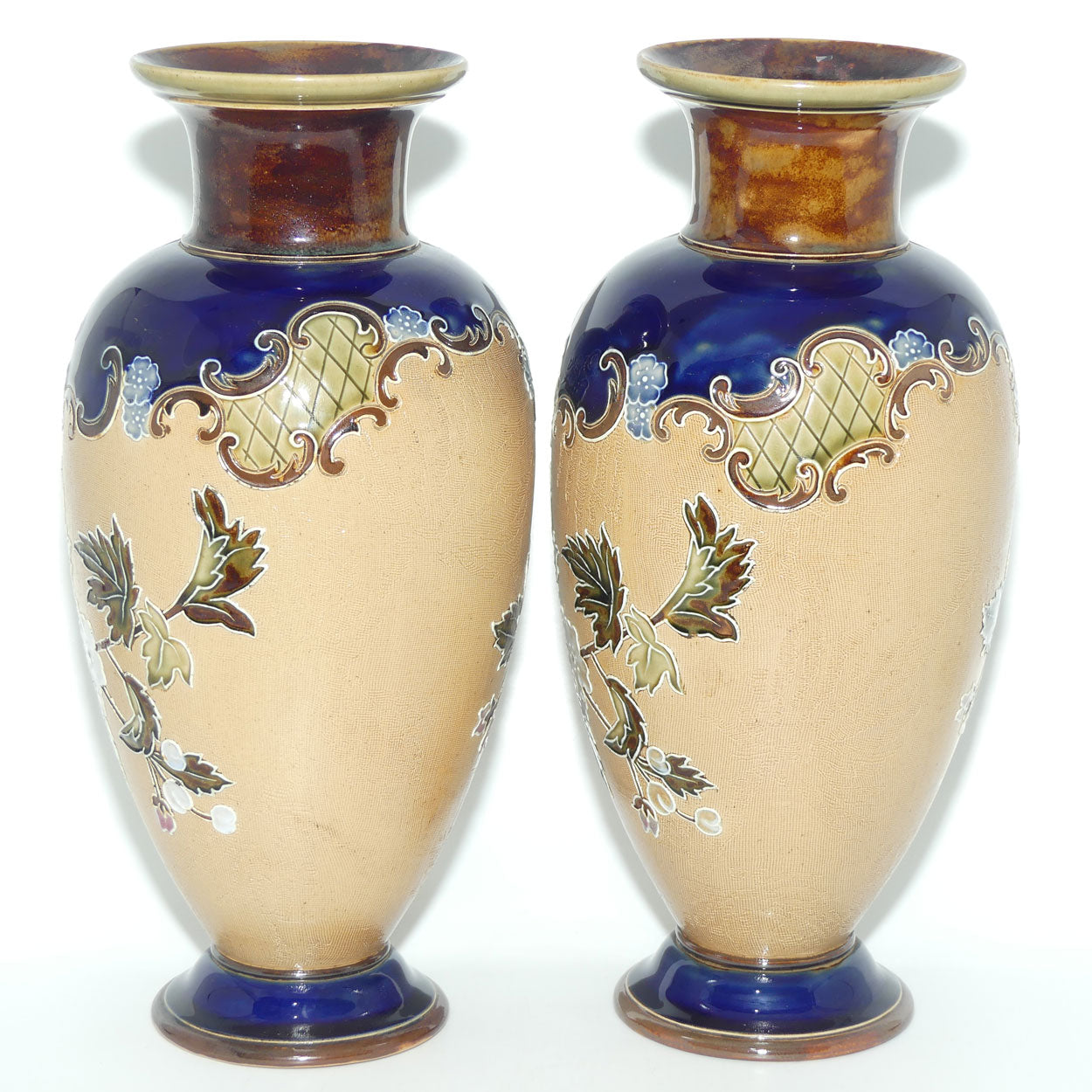 Doulton Slaters pair of stoneware foliage and flowers vases | stamped 1411