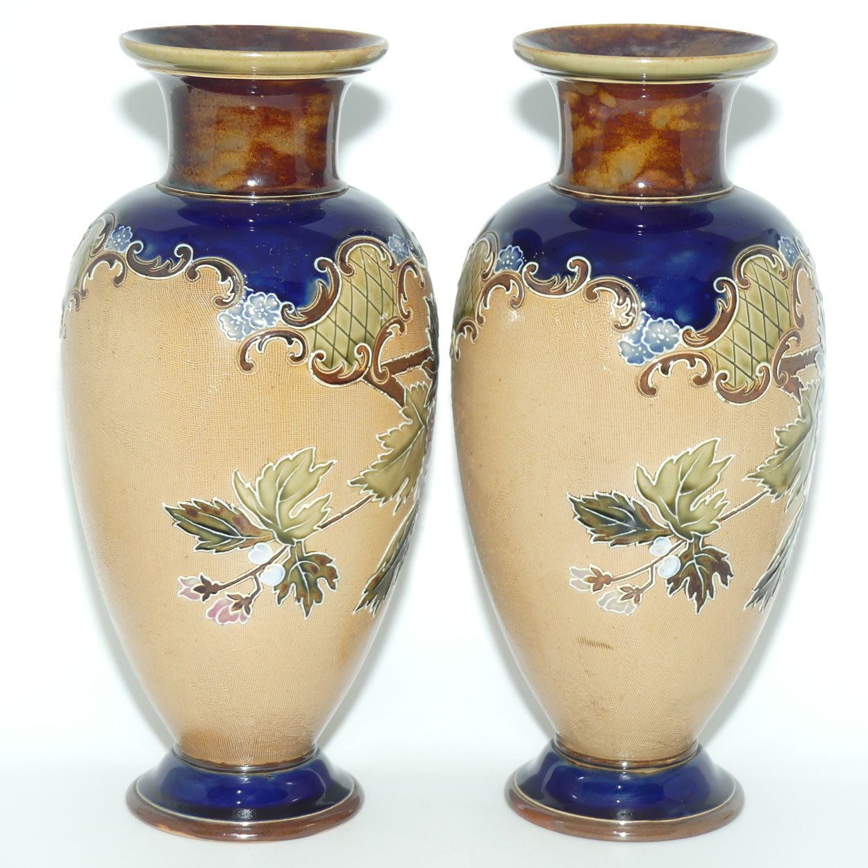 Doulton Slaters pair of stoneware foliage and flowers vases | stamped 1411