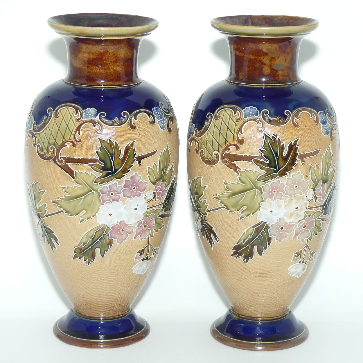 Doulton Slaters pair of stoneware foliage and flowers vases | stamped 1411