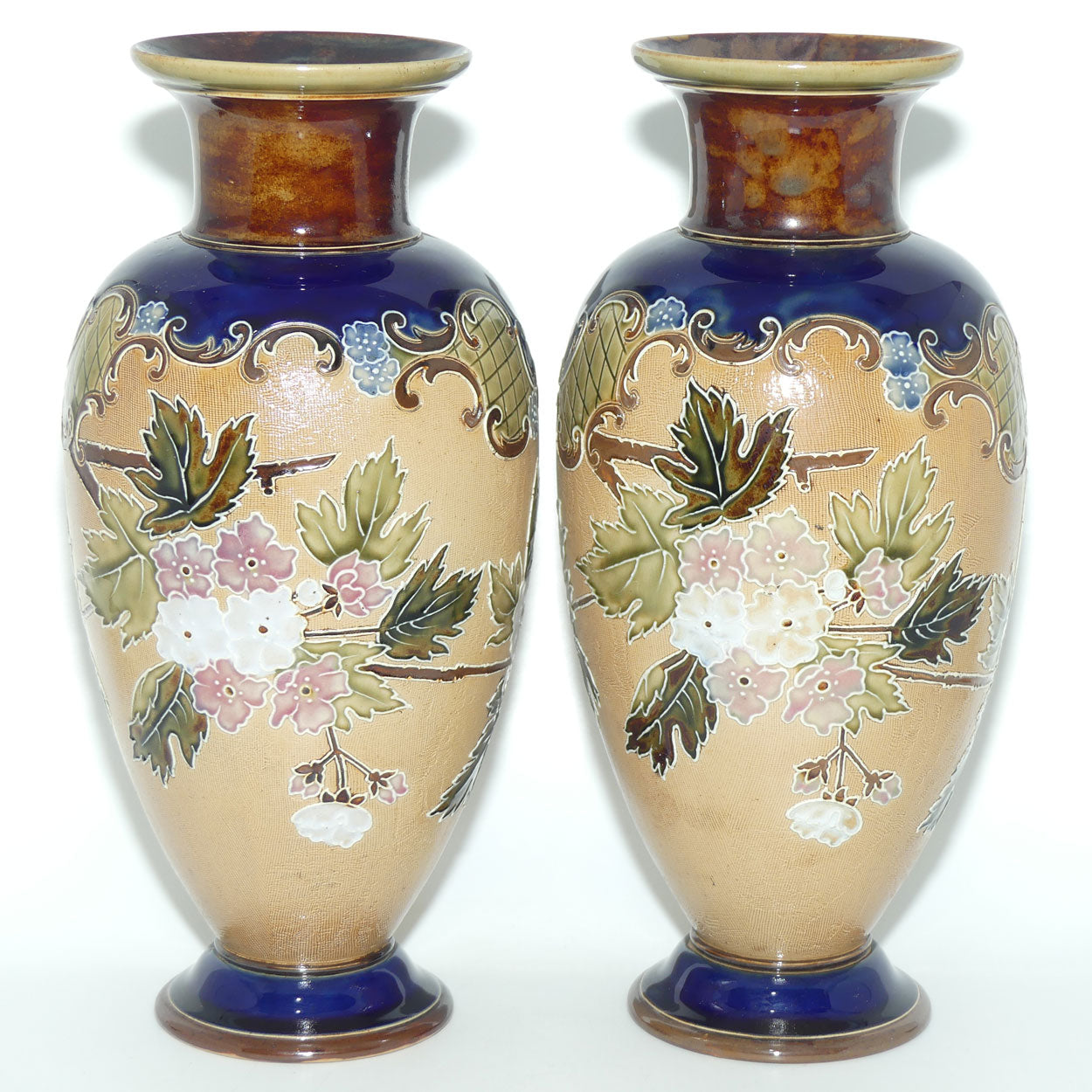 Doulton Slaters pair of stoneware foliage and flowers vases | stamped 1411