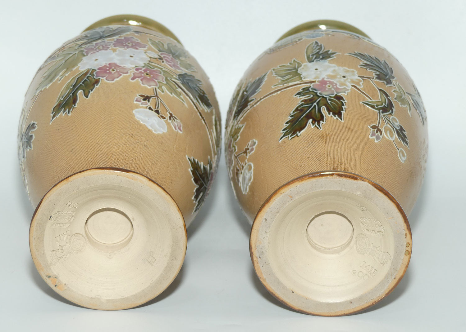 Doulton Slaters pair of stoneware foliage and flowers vases | stamped 1411