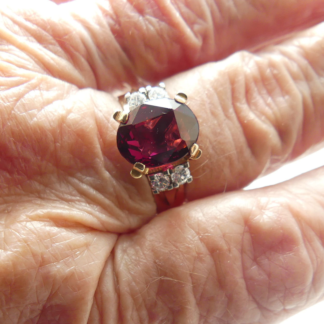 14ct Yellow and White Gold Almandine Garnet and 4 Diamond Dress Ring | Valued $7000