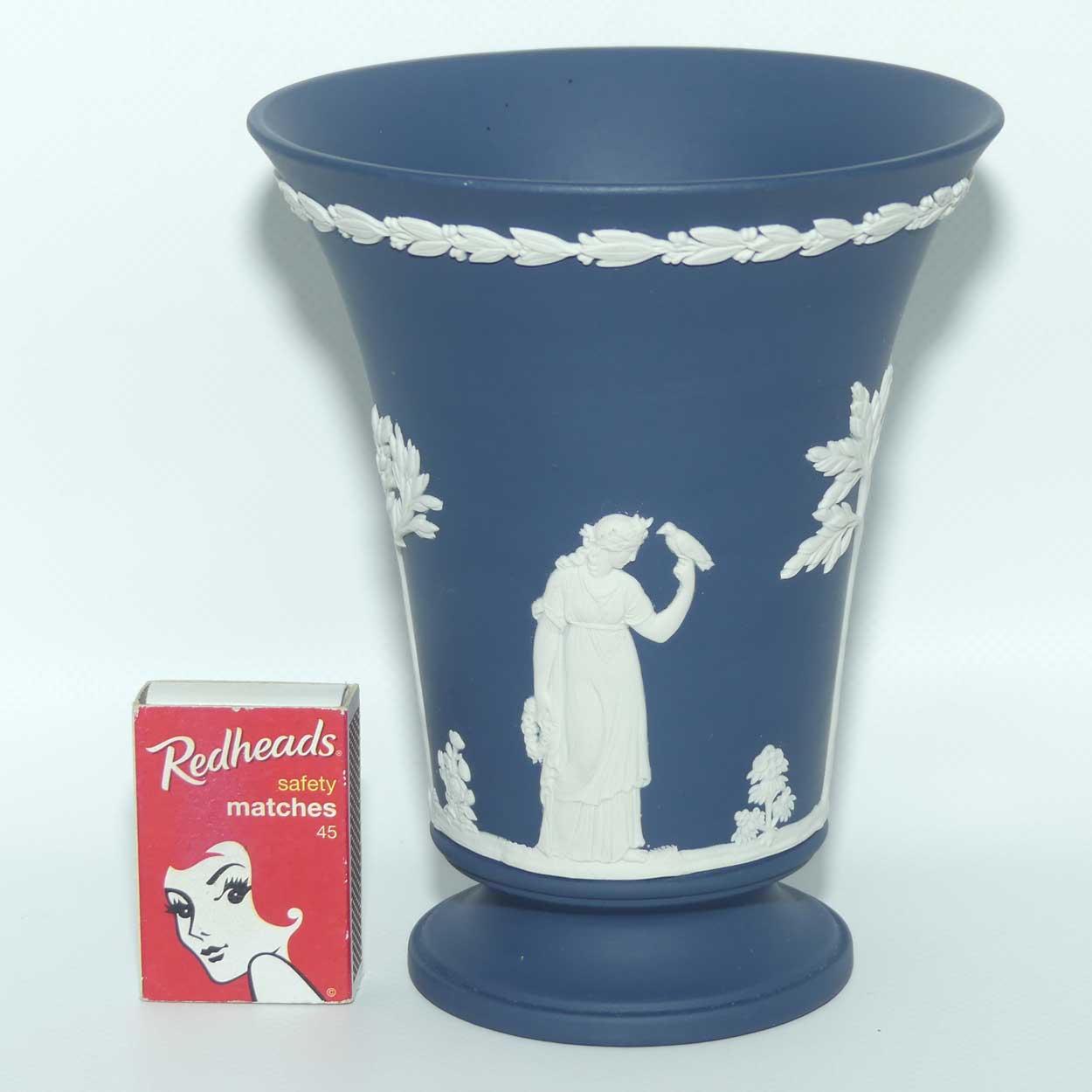 Wedgwood Jasper | White on Dark Blue Trumpet vase on footed base | 15cm tall