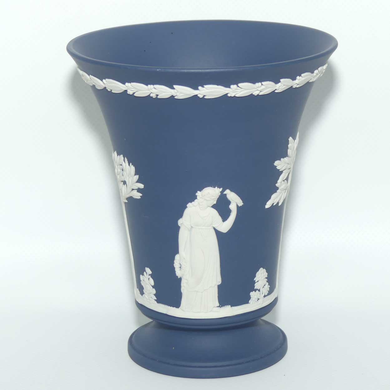 Wedgwood Jasper | White on Dark Blue Trumpet vase on footed base | 15cm tall