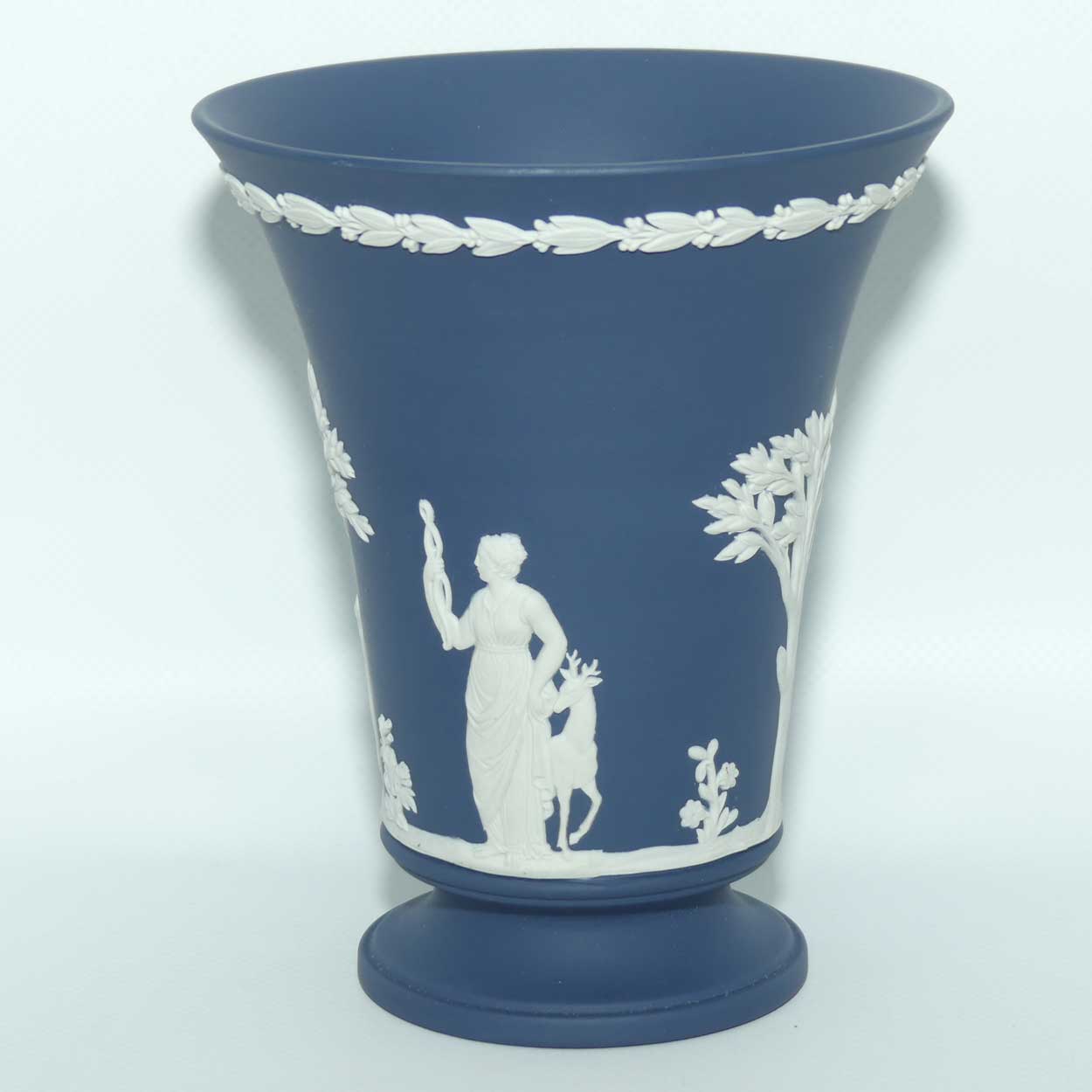 Wedgwood Jasper | White on Dark Blue Trumpet vase on footed base | 15cm tall