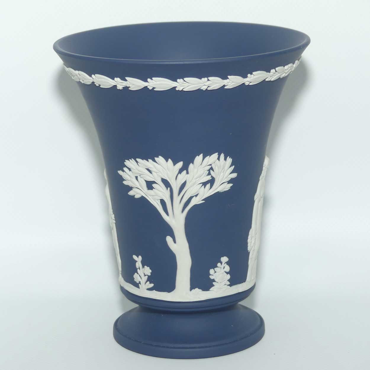 Wedgwood Jasper | White on Dark Blue Trumpet vase on footed base | 15cm tall