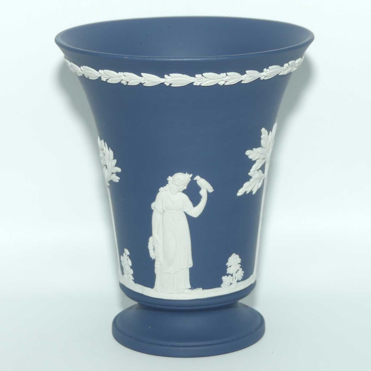 Wedgwood Jasper | White on Dark Blue Trumpet vase on footed base | 15cm tall