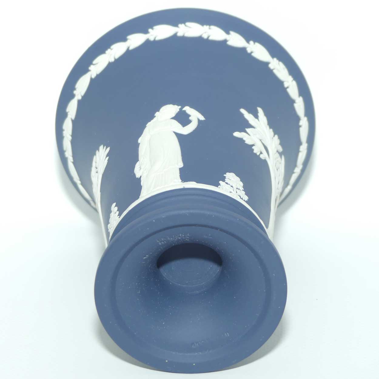 Wedgwood Jasper | White on Dark Blue Trumpet vase on footed base | 15cm tall