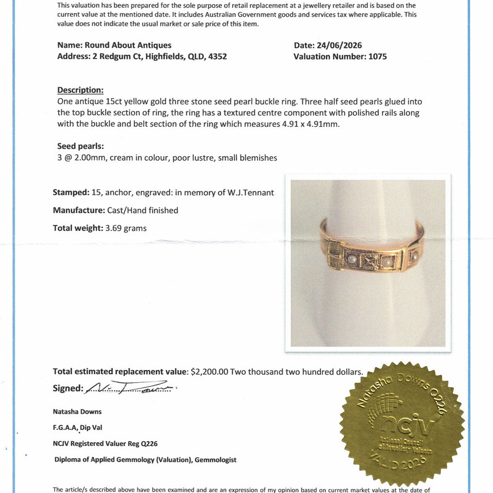 15ct Yellow Gold and Seed Pearl Buckle Ring | Antique | Valued $2200