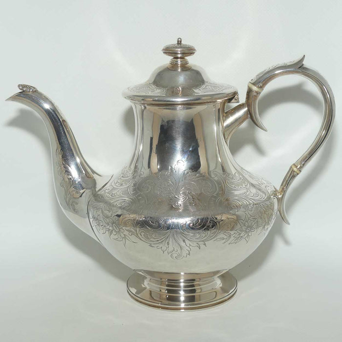 Victorian Sterling Silver tea pot with Bright Cut decoration | London 1840 | Dismore Silversmiths to the Queen Liverpool