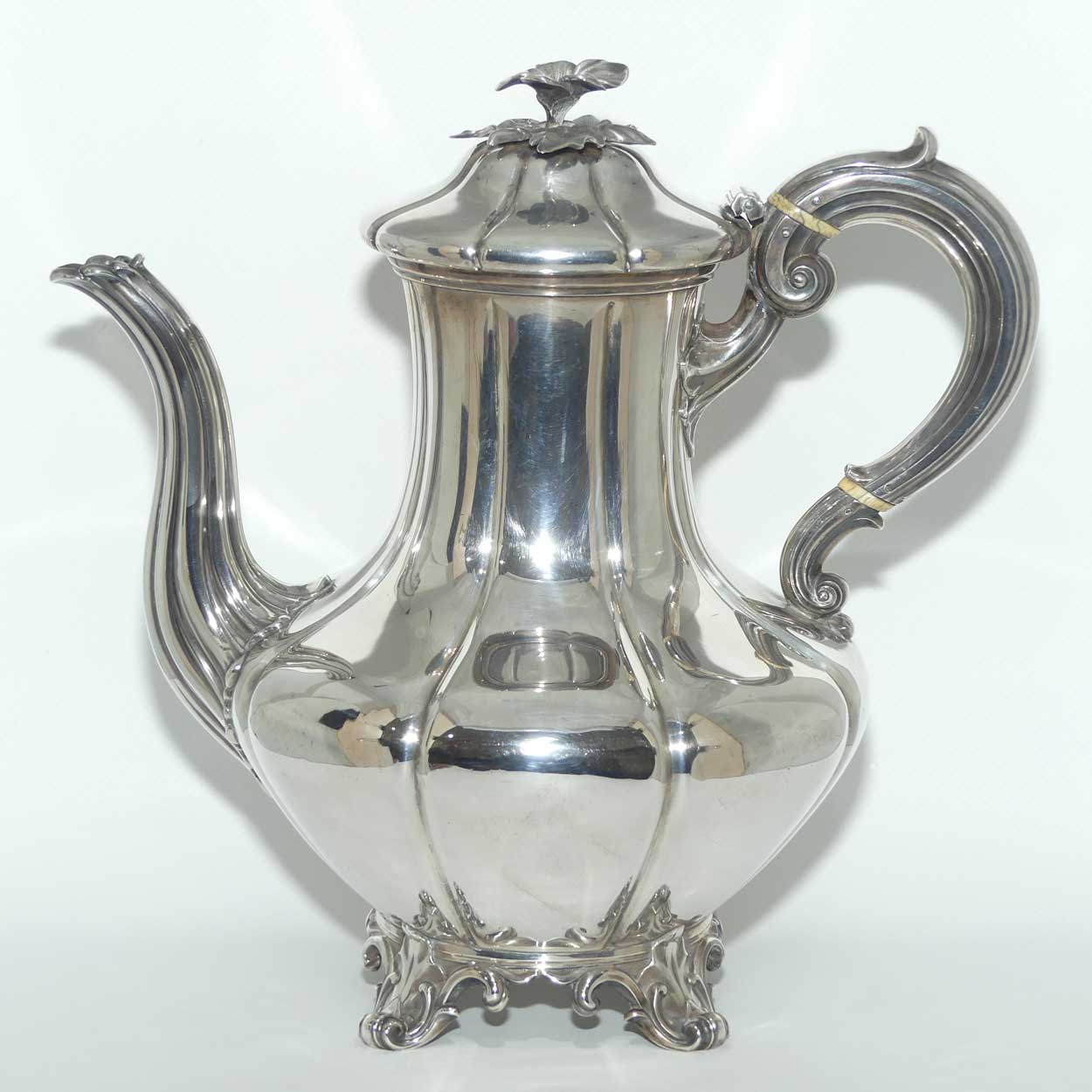 early Victorian Sterling Silver pumpkin shape coffee pot with floral final | London 1842 | Barnard Family
