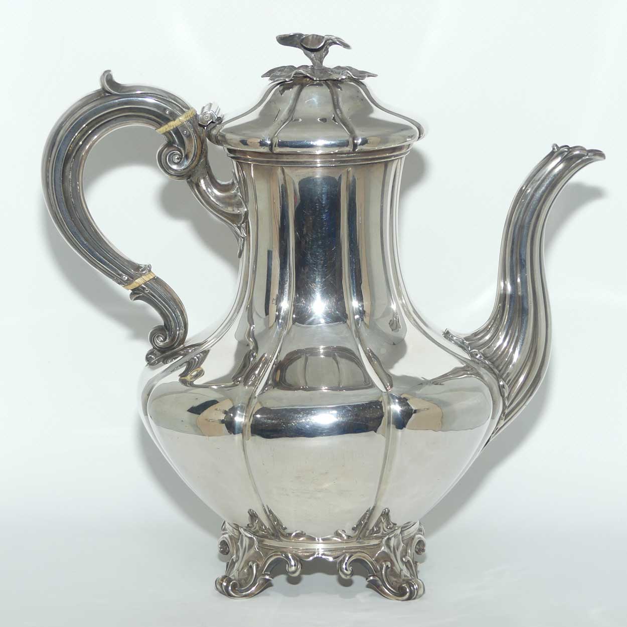 early Victorian Sterling Silver pumpkin shape coffee pot with floral final | London 1842 | Barnard Family
