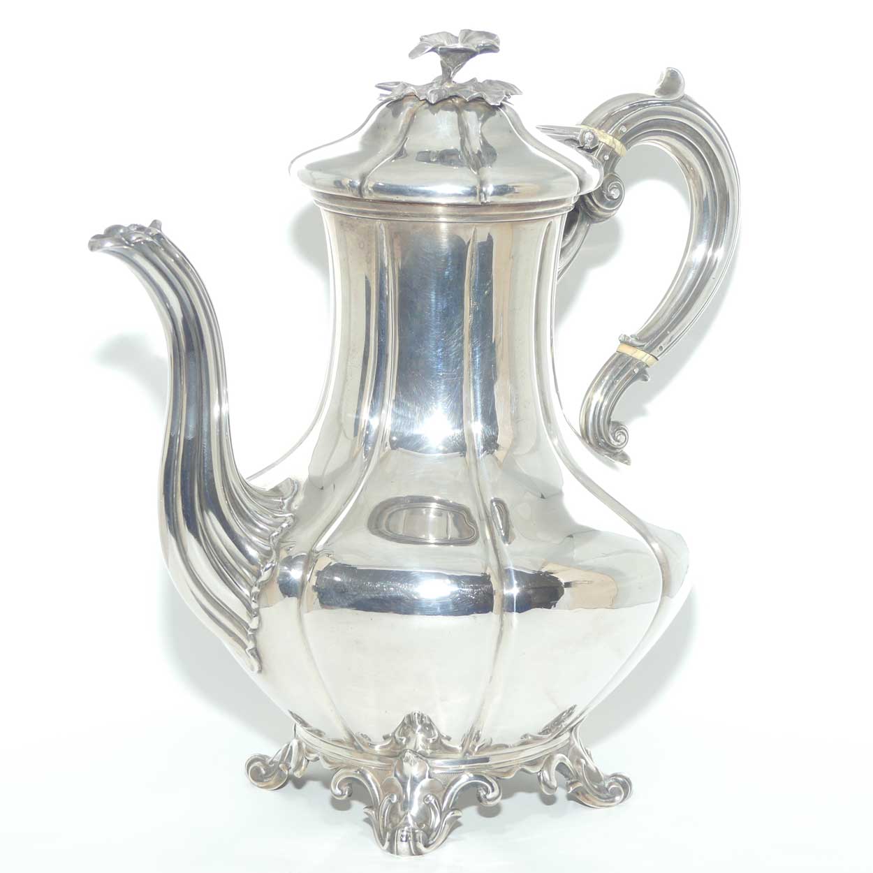 early Victorian Sterling Silver pumpkin shape coffee pot with floral final | London 1842 | Barnard Family