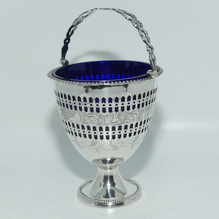 Victorian | Sterling Silver sugar basket with pierced decoration, bead edge and blue glass liner | Sheffield 1850