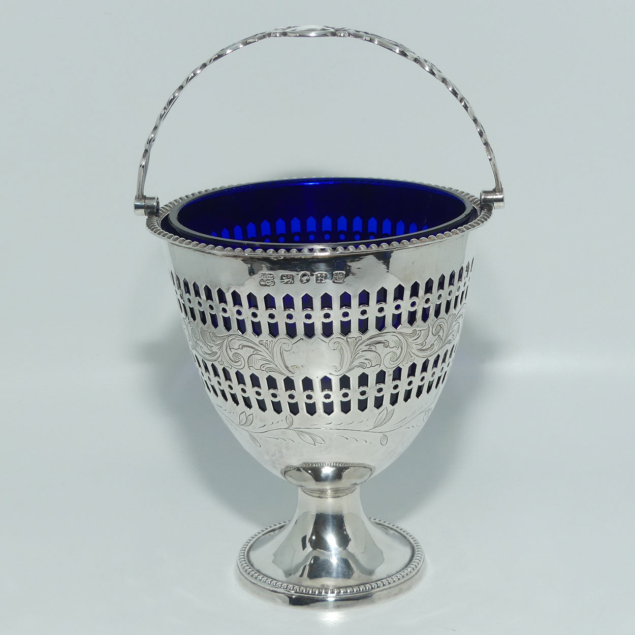 Victorian | Sterling Silver sugar basket with pierced decoration, bead edge and blue glass liner | Sheffield 1850