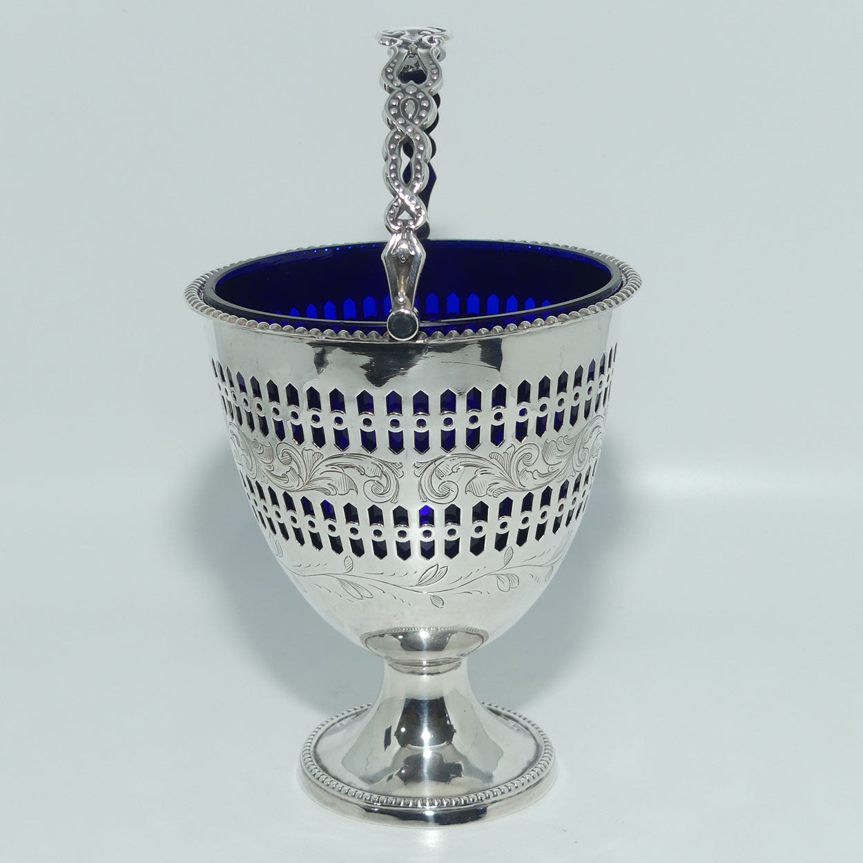 Victorian | Sterling Silver sugar basket with pierced decoration, bead edge and blue glass liner | Sheffield 1850
