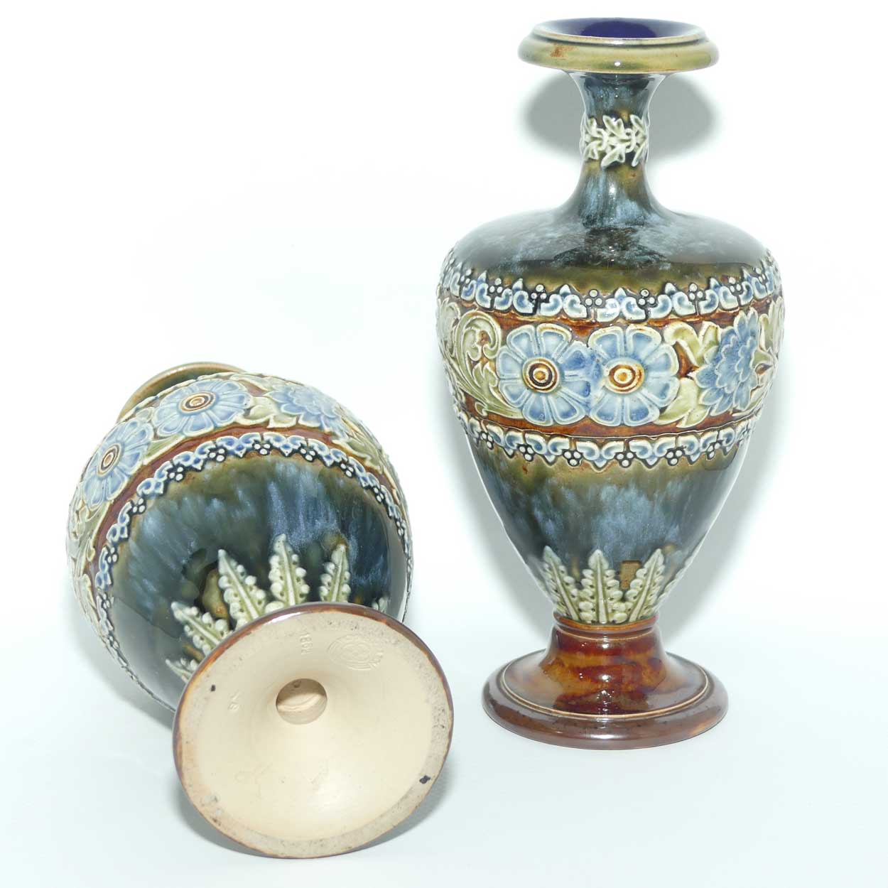 Royal Doulton pair of stoneware Floral Banded vases | Mottled Blue Green Ground | Pattern 1852 | 18cm tall