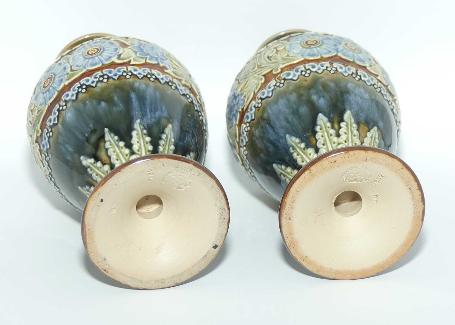 Royal Doulton pair of stoneware Floral Banded vases | Mottled Blue Green Ground | Pattern 1852 | 18cm tall