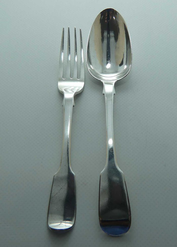 Victorian Irish Sterling Silver Fiddle pattern Rat Tail spoon and fork pair | Dublin 1856