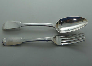 Victorian Irish Sterling Silver Fiddle pattern Rat Tail spoon and fork pair | Dublin 1856