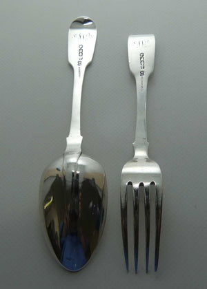 Victorian Irish Sterling Silver Fiddle pattern Rat Tail spoon and fork pair | Dublin 1856