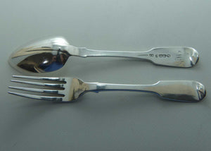 Victorian Irish Sterling Silver Fiddle pattern Rat Tail spoon and fork pair | Dublin 1856