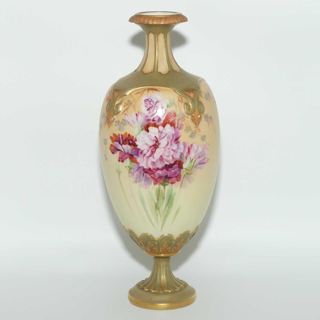 Royal Worcester Blush Ivory and Olive Green hand painted Carnations vase | Shape 1859