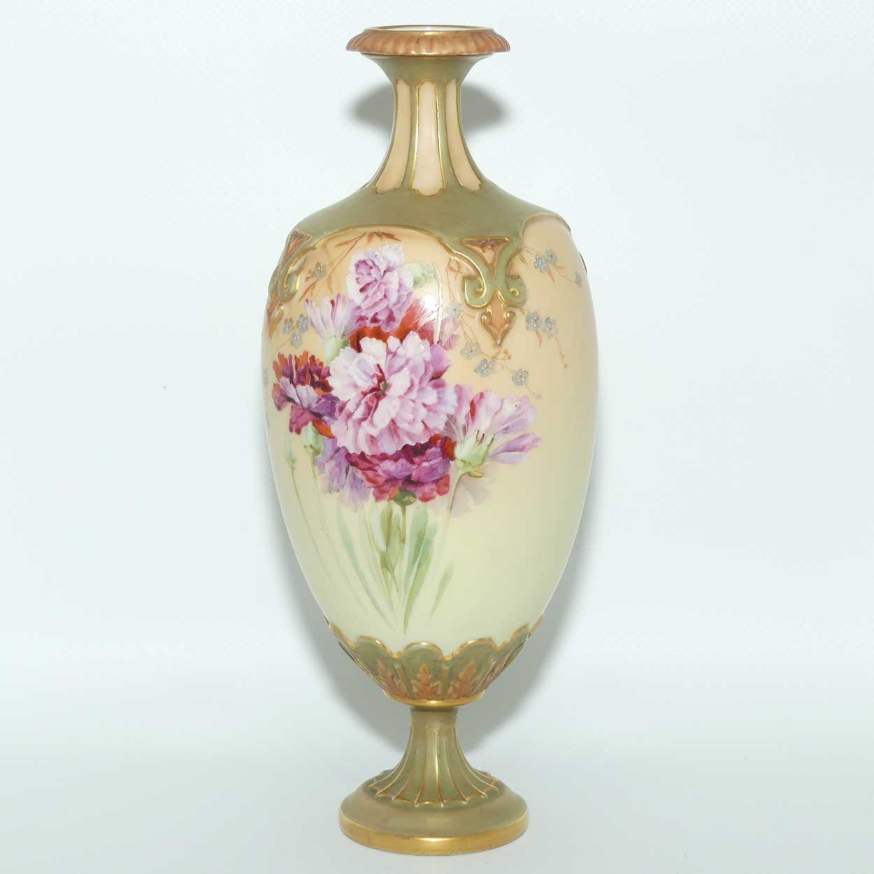 Royal Worcester Blush Ivory and Olive Green hand painted Carnations vase | Shape 1859