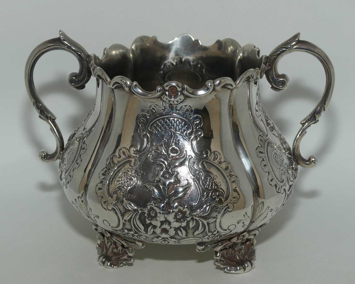 Victorian Sterling Silver twin handle Floral decorated sucrier bowl on four feet | Edinburgh 1862 | 516gms