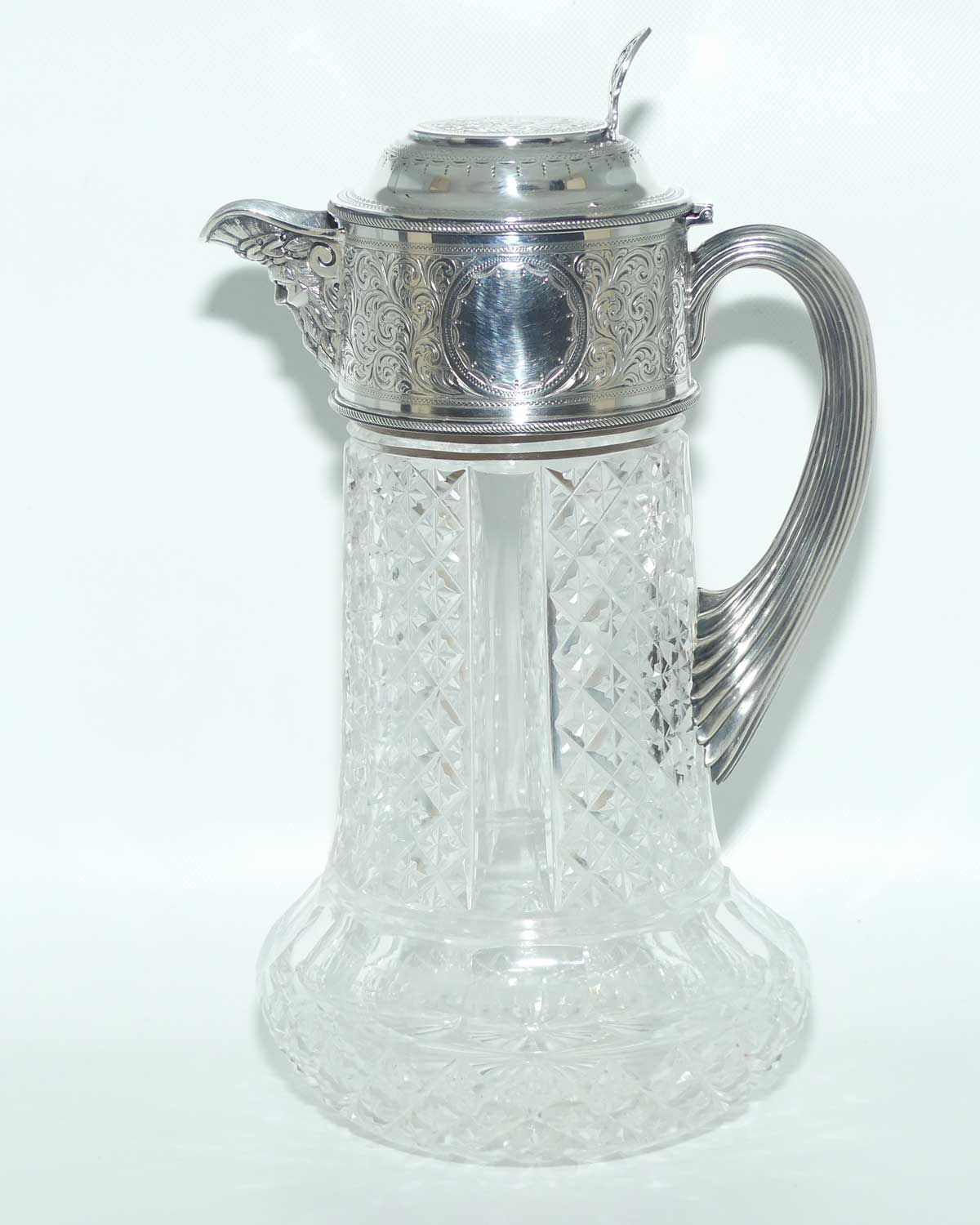 Victorian era Sterling Silver Bacchus spout and Cut Crystal claret jug | London 1882