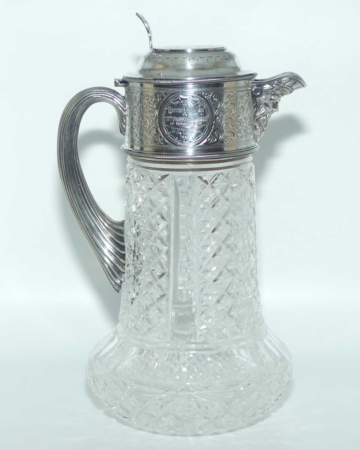 Victorian era Sterling Silver Bacchus spout and Cut Crystal claret jug | London 1882